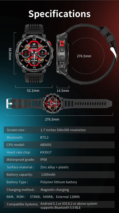 New Military T-Rex3 Ultra 1100mAh Battery Smart Watch 5 ATM Waterproof 1.7"AOD Compass GPS Sports tracker Outdoors Smartwatches