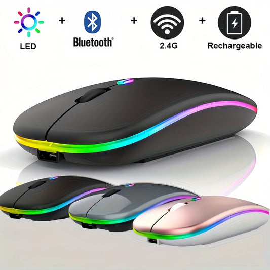 Wireless Mouse Bluetooth and 2.4GHz Dual Modes Rechargeable RGB Ergonomic Silent Click for PC iPad Laptop Cell Phone TV - AMULET RING STORE