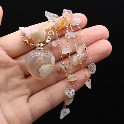 Perfume Bottle Necklace Natural Stone Cherry Blossom Agate Perfume Bottle Pendant For Women Christmas Halloween Gift Chain 80cm - AMULET RING STORE