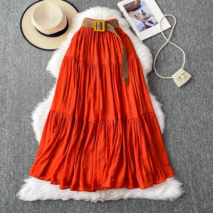 White High Waist A-Line Midi Skirt Women's Summer Casual Flared Cake Skirt Korean Sle Baking Poer Skirt for Young Women