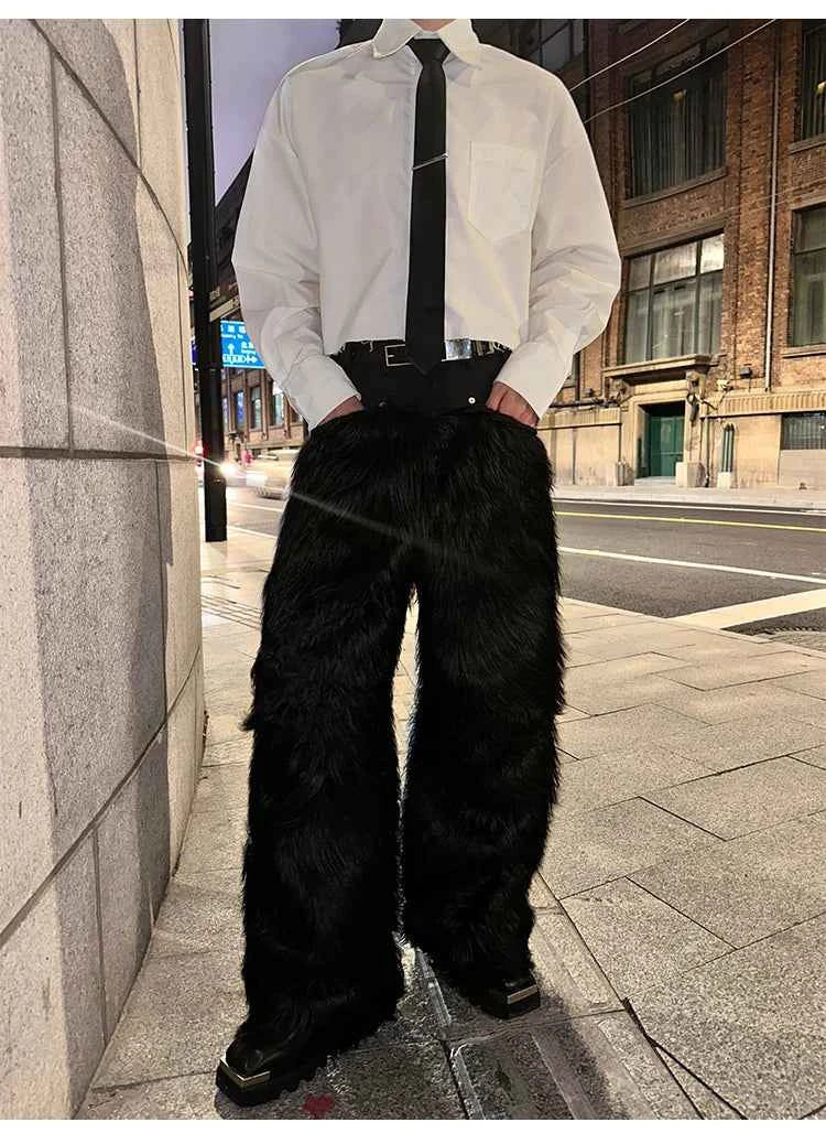 Mauroicardi Autumn Winter Long Black Thick Warm Hairy Shaggy Faux Fur Wide Leg Pants for Mens Luxury Designer Clothes Streetwear