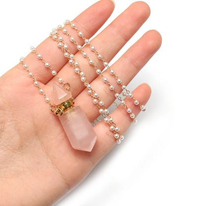 Natural Stone Rose Clear Quartz Perfume Bottle Pendant Pearl Gravel Chain Essential Oil Diffuser Charms Women Jewerly Necklace - AMULET RING STORE