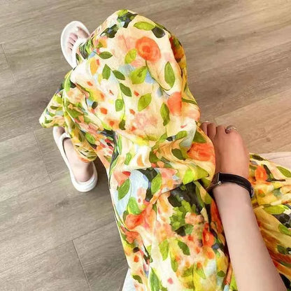 Beach Pants Loose Wide-Leg Pant Female Seaside Leisure INS High Waist Cropped Pant Straight Floral Trousers 2024 Summer New