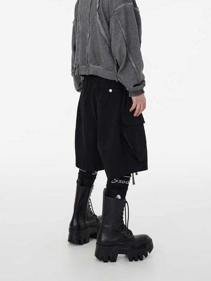 Mauroicardi Spring Summer Cool Handsome Hard Black Cargo Shorts for Men High Waist Drawstring Short Straight Pants Clothes 2025