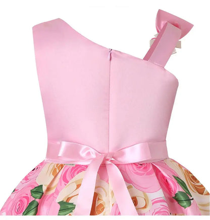Summer Girls Rose Print Dress Princess Wedding Birthday Party Frocks Satin Children Vestidos Dresses For Girl Christmas Clothing