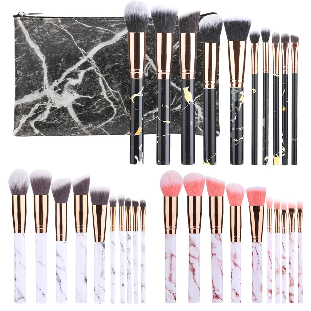 New10Makeup Brush Set Full Set Marble Pattern Beauty Tools Set Blush Eyeshadow Brush - AMULET RING STORE