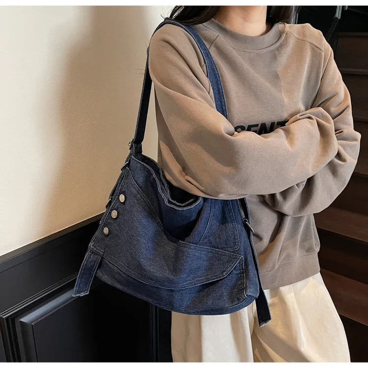 2025 New Women's Denim Tote Bag - Retro Crossbody Shoulder Bag with Large Capacity for Work & Commute, Fashionable Denim Handbag