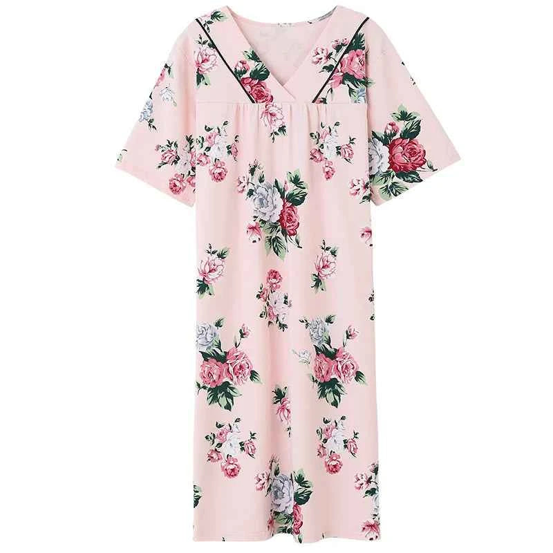 2025 Summer Small Floral Night Dress Women Nightgown Big Yards 3XL Sleepshirts Short-sleeves Nightie Nightdress Cotton Sleepwear