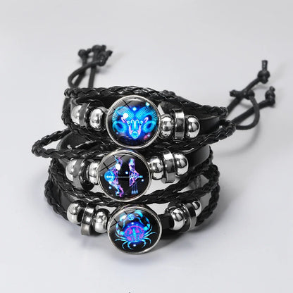 12 Constellation Zodiac Sign Charm Luminous Bracelets Men Women Vintage Multilayer Wrap Leather Bracelet Gift pulsera hombre