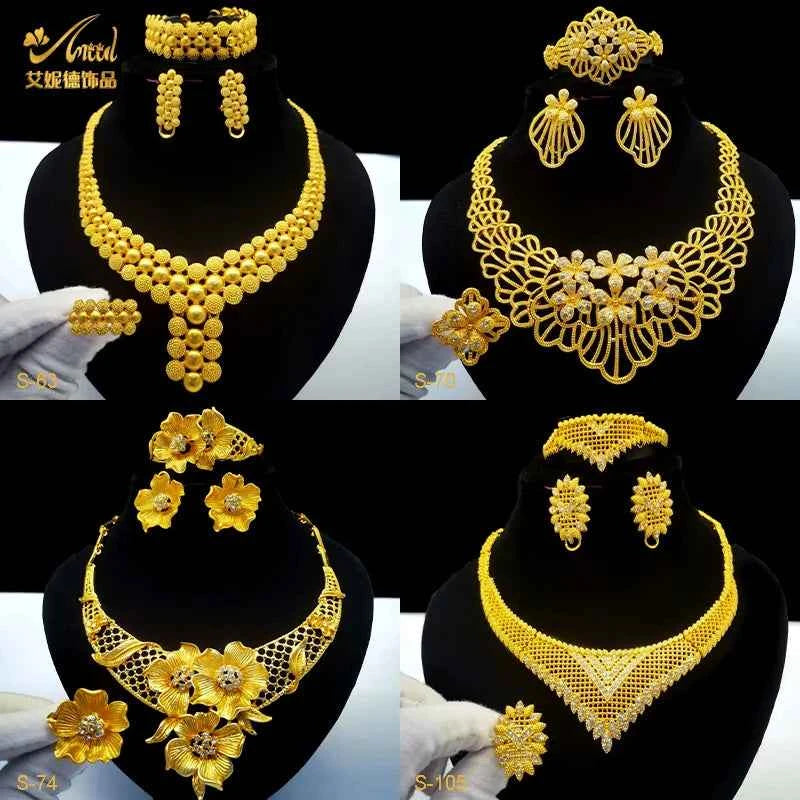 ANIID Indian 24K Gold Color Necklace Set For Women Party Bridal Wedding Ethiopian Luxury Dubai Jewelry Wholesale New Gifts