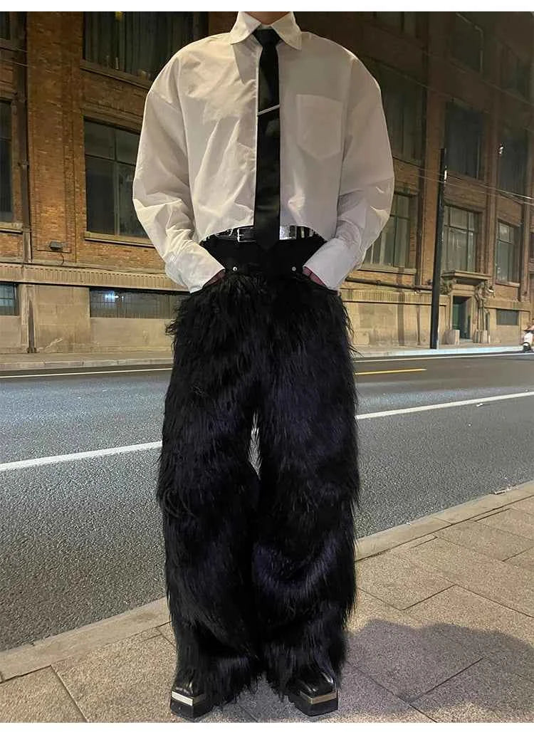 Mauroicardi Autumn Winter Long Black Thick Warm Hairy Shaggy Faux Fur Wide Leg Pants for Mens Luxury Designer Clothes Streetwear