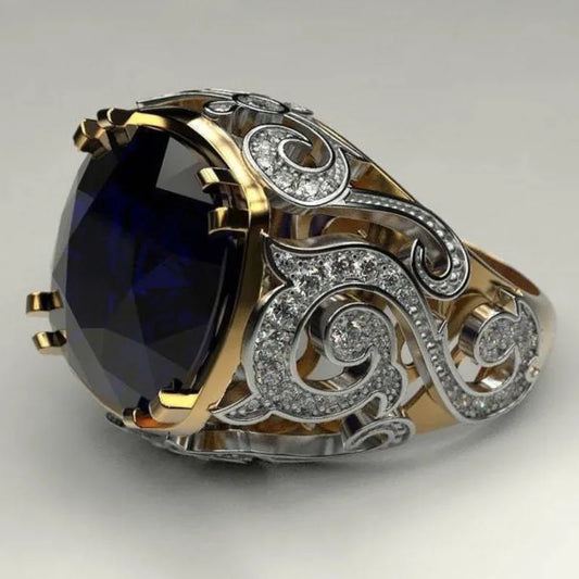 Sapphire Blue Fat Square Gemstone Two-color Pattern Luxury High-end Copper Inlaid Zircon Ring