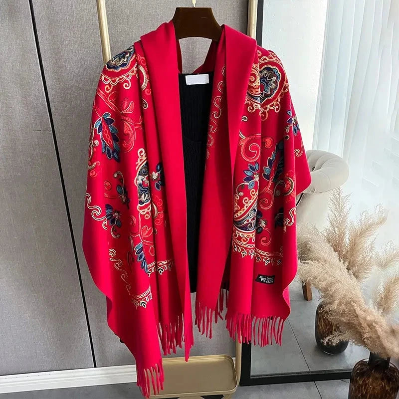 Travel Warm Cashmere Shawl Scarf Fashion Women Embroidery Print Pashmina Blanket Wraps Female Poncho Bufanda Autumn and Winter