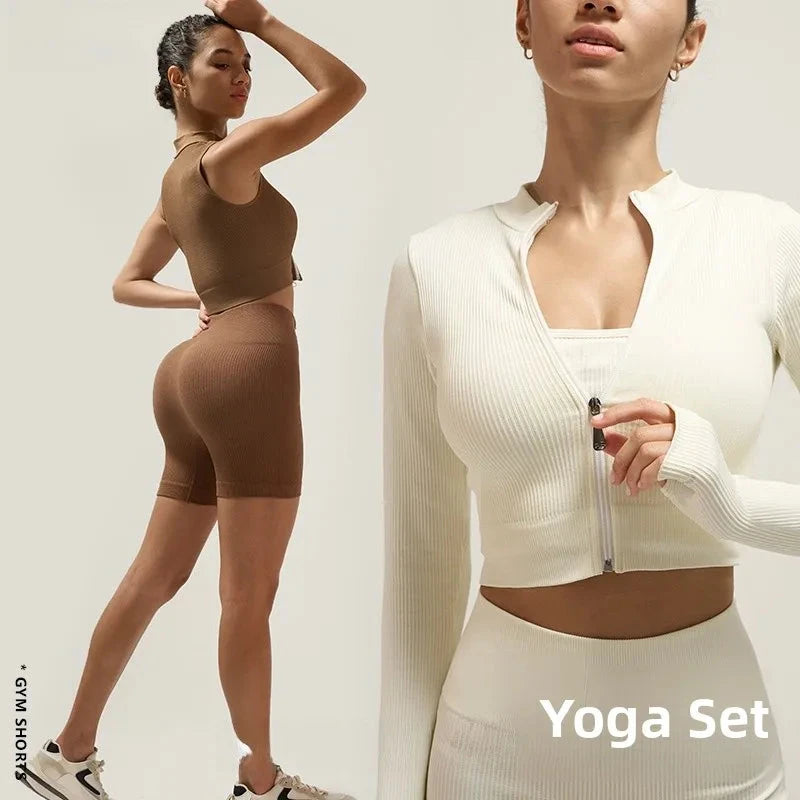 Fitn Yoga Clothes Set High Collar Zipper Bal ort Sve Long Sve orts Women's Sportswear Tee-quarter Length ...