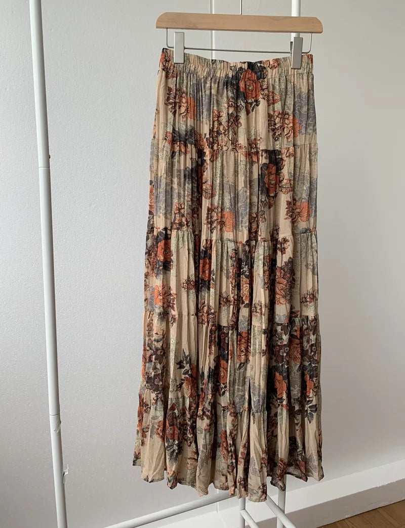 Retro Floral Pleated to Ankle f Skirt Women's Draped High Waist Midi A-Line Skirt Polyester Fiber Spring Season