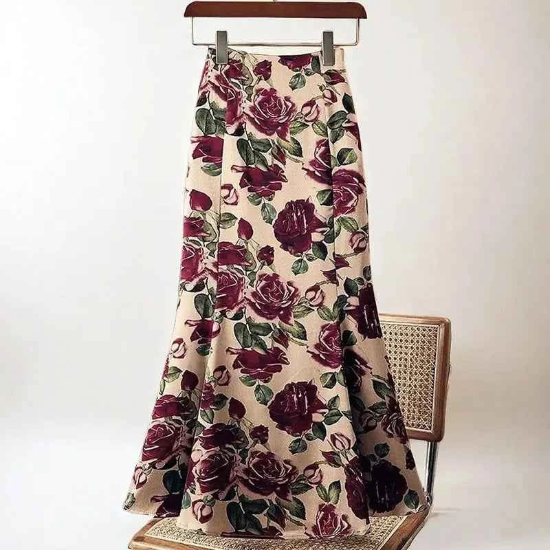 Rose Floral Print Vintage Elegant Chic A-line High Waist Trumpet Women's Skirt Mid-Calf Long Skirts For Women Clothing Fashion