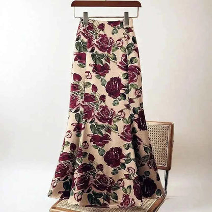 Rose Floral Print Vintage Elegant Chic A-line High Waist Trumpet Women's Skirt Mid-Calf Long Skirts For Women Clothing Fashion
