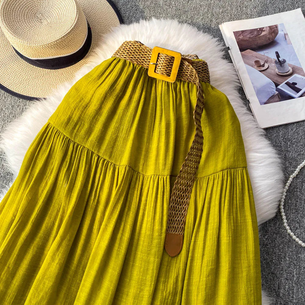 White High Waist A-Line Midi Skirt Women's Summer Casual Flared Cake Skirt Korean Sle Baking Poer Skirt for Young Women