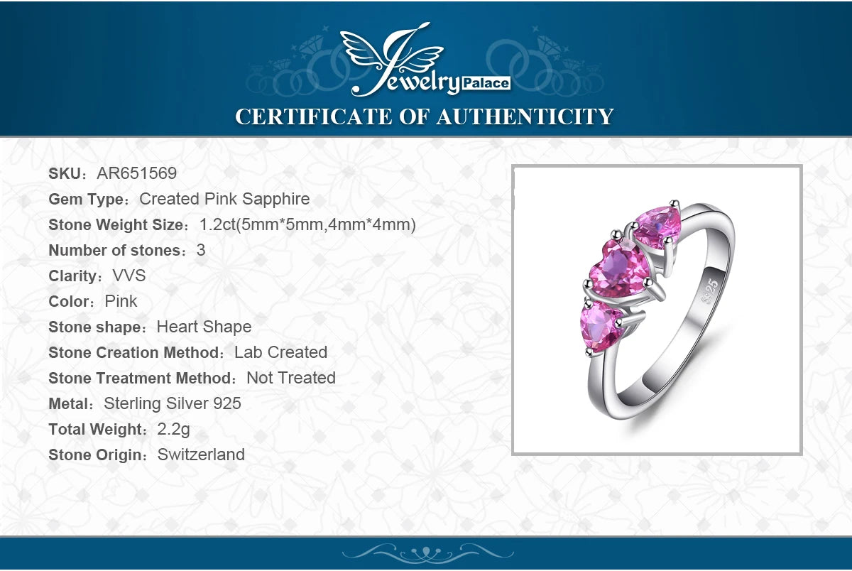 JewelryPalace Love Heart 1.2ct Created Pink Sapphire 925 Sterling Silver 3 Stone Ring for Women Fashion Engagement Wedding Gift