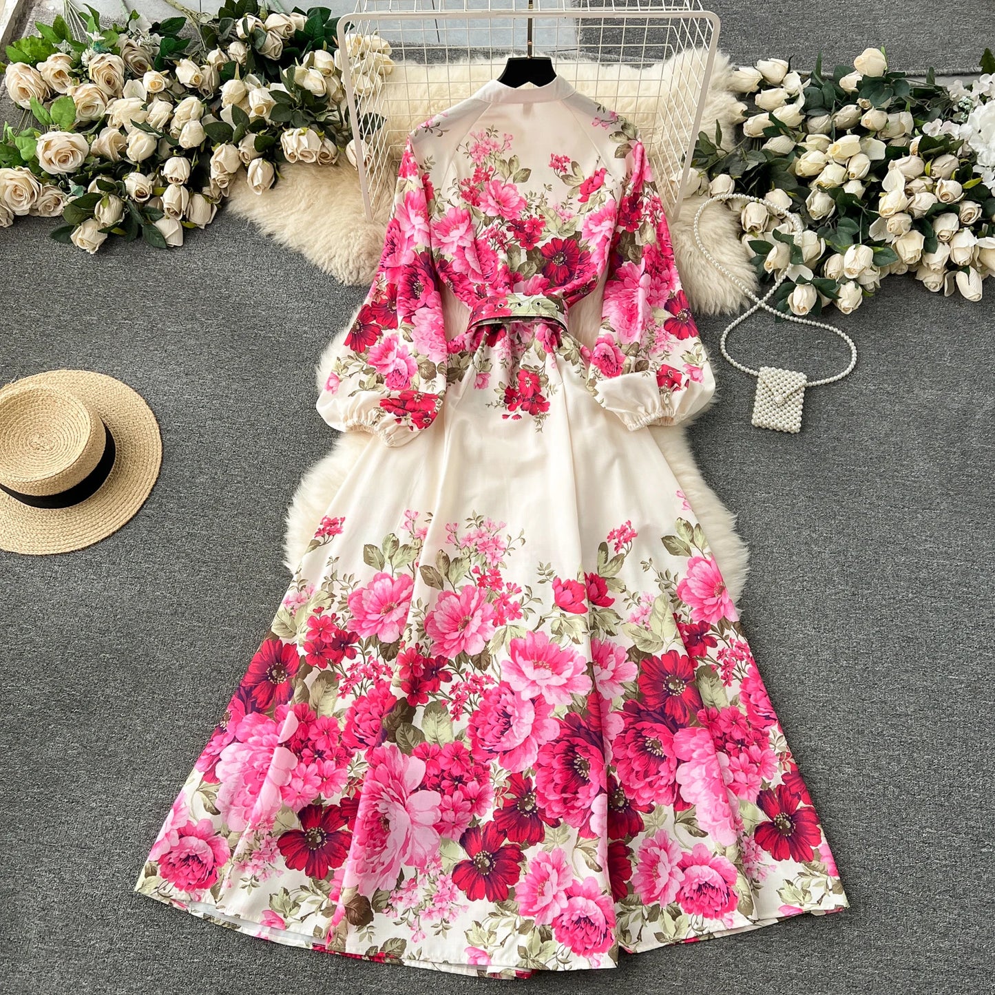Elegant Gorgeous Floral Bohemian Dress Spring Women Stand Long Lantern Sleeve Floral Print Belt Linen Long Vestidos Clothes 6235