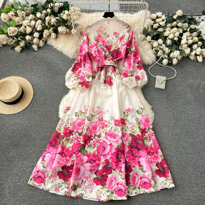 Elegant Gorgeous Floral Bohemian Dress Spring Women Stand Long Lantern Sleeve Floral Print Belt Linen Long Vestidos Clothes 6235