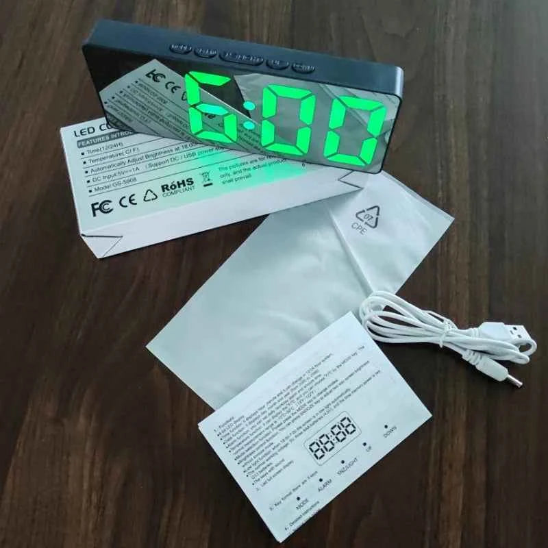 Curved Screen Clock Digital Led Alarm Clock with Temperature Display Large Mirror Clock Snooze Bedside Table Clock Room Decor