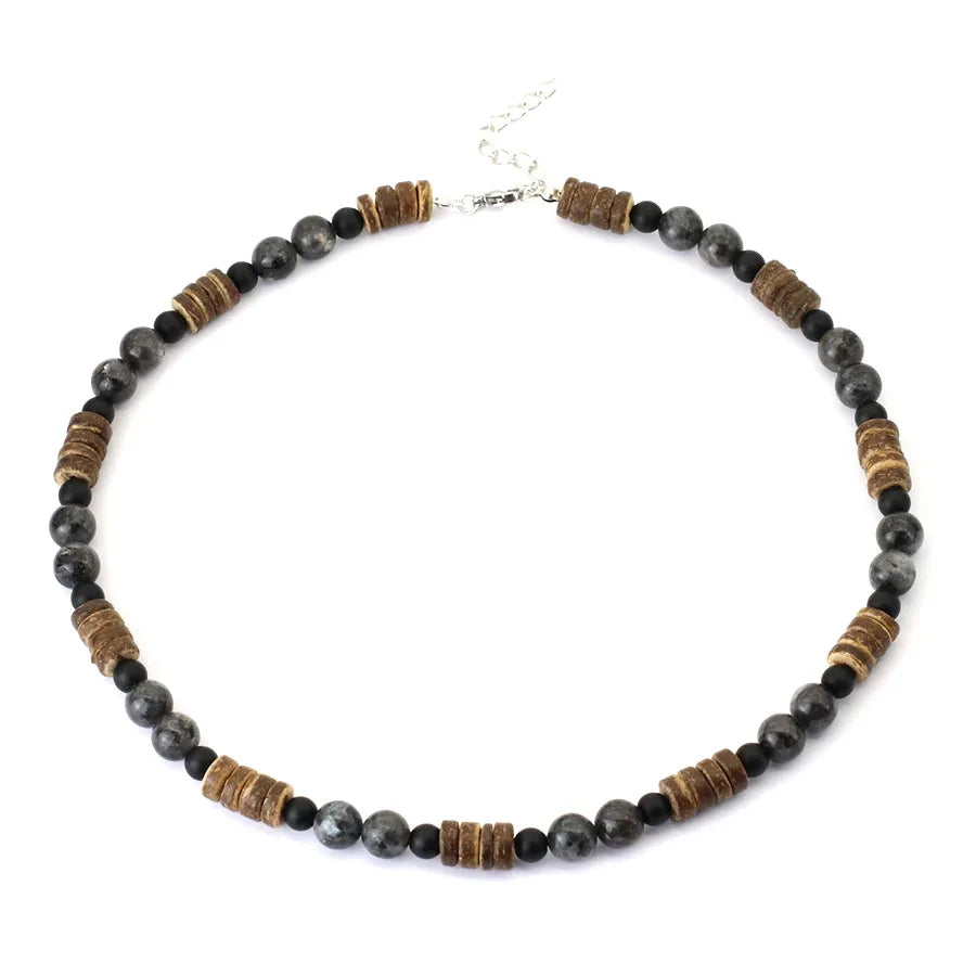 Natural Coconut Husk Wooden Necklace For Men 18 Inches Short Collar Volcanic Rock Tiger Eyes Stone Colar Jewelry Gift For Him