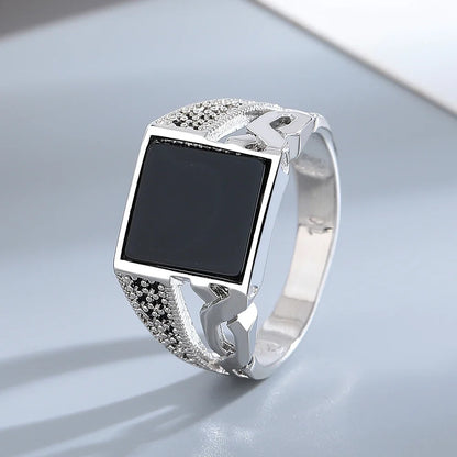 S925 Silver Jewelry Ring Natural Oval Rectangle Big Black Agate Stone Vintage Ring For Women Party Gifts