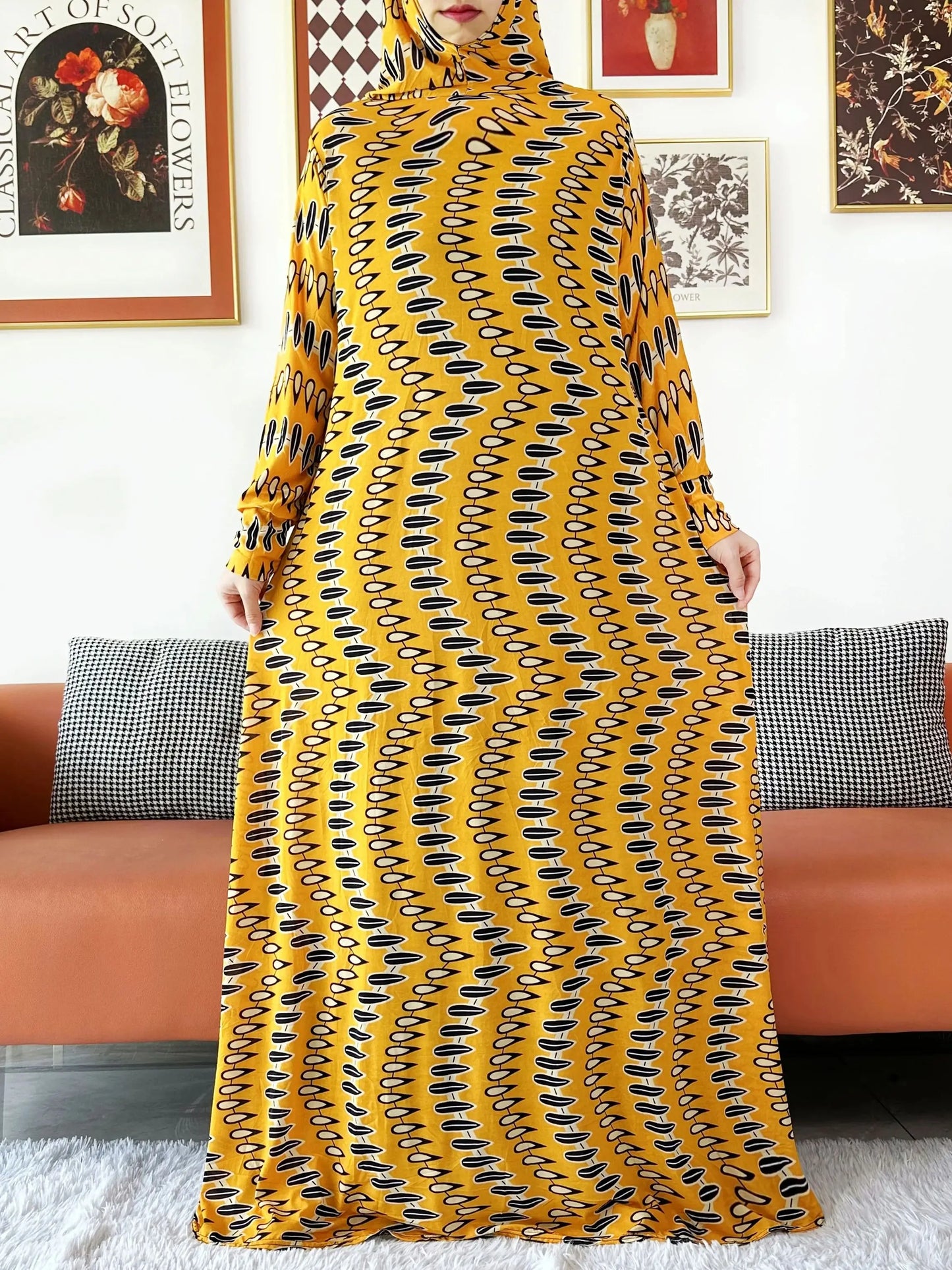 2025 Floral Ramadan Muslim Dress Solid Color Khimar Kaftan Abaya Robe with Attached Hijab Middle East Prayer Garment for Women - AMULET RING STORE