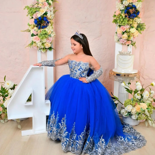 Customized Royal Blue Princess Flower Girl Dress for Wedding Lace Appliques Full Sleeve Baby Birthday Dress First Communion Gown