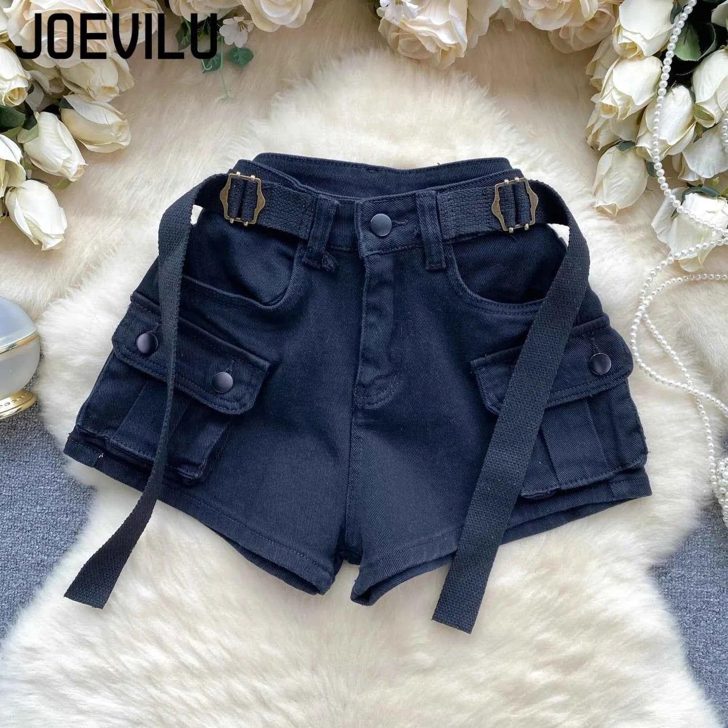 Women's Summer High Waisted Stretchy Denim Shorts Korean Cargo Style Slim Fit Ultra Short Hot Pants with Large Pockets for Dance
