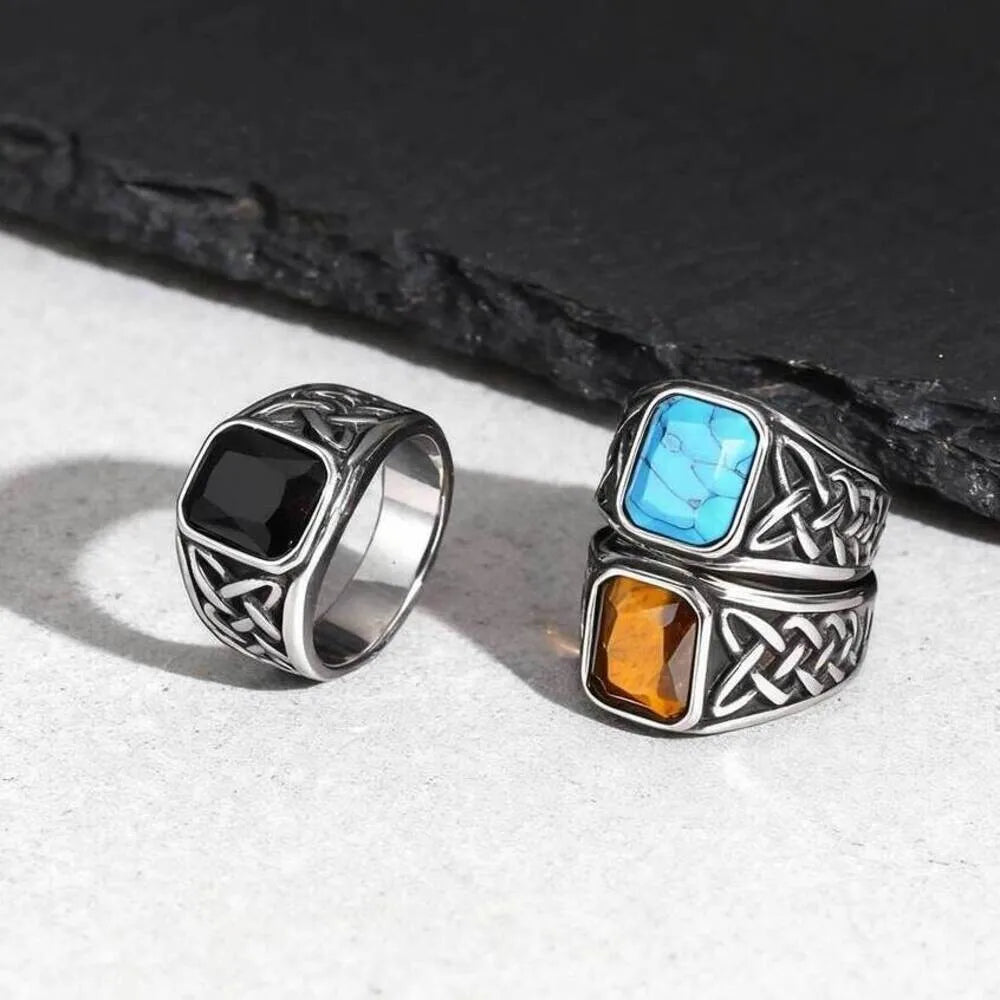 Punk Viking Knot Rings for Men,Vintage Square Natural Stone Signet Ring,Retro Ethnic Rock Jewelry Gift