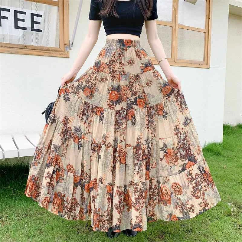 Retro Floral Pleated to Ankle f Skirt Women's Draped High Waist Midi A-Line Skirt Polyester Fiber Spring Season