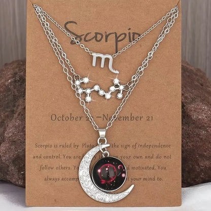 3 Pieces/Set Zodiac Retro Moon Glow Pendant Necklace Set with Birthstone Cards, Birthday Gift for Besties and BFFs