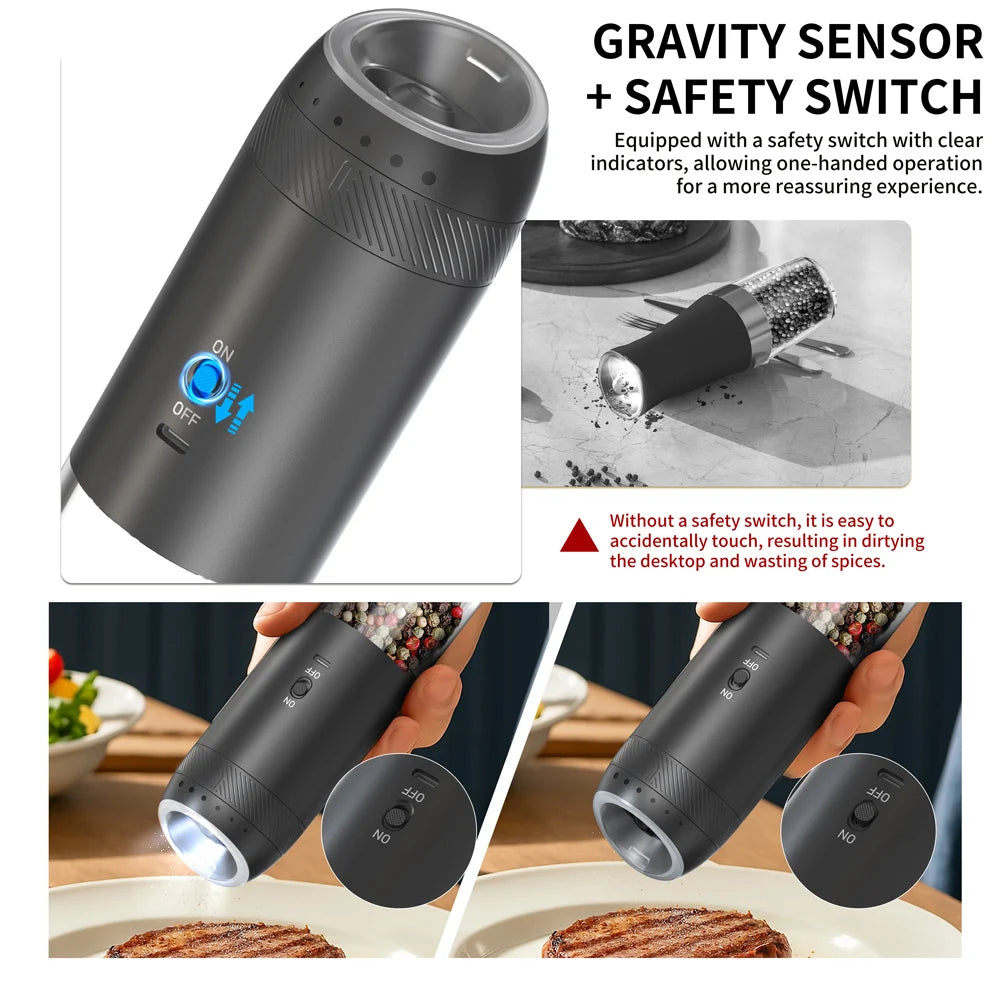 1/2PCS Electric Salt And Pepper Grinder with LED Light Gravity Sensing Adjustable Spice Mills Cordless Automatic Kitchen Gadget - AMULET RING STORE