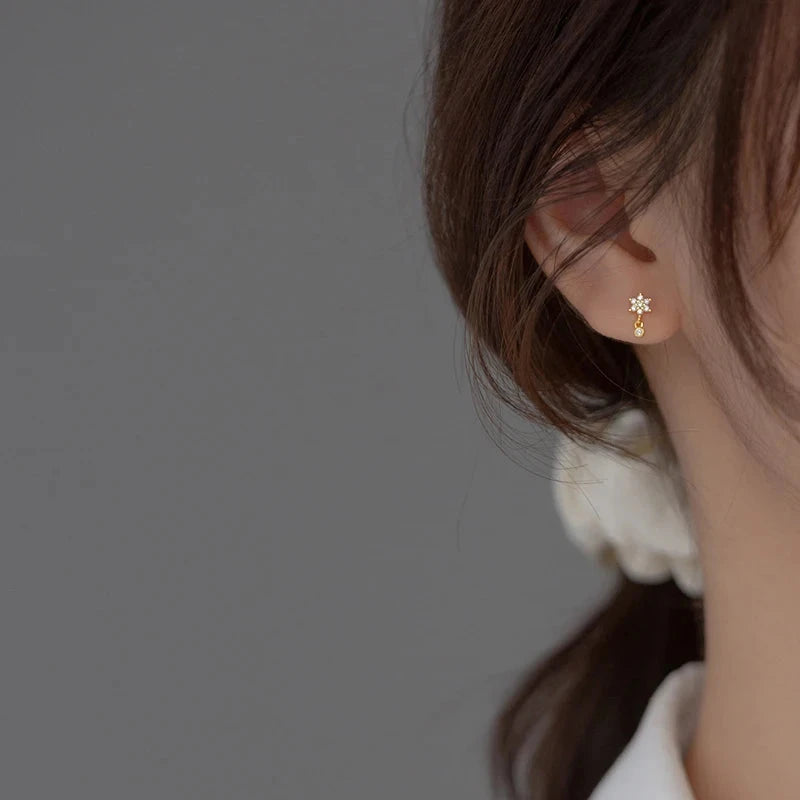 WANTME 925 Sterling Silver Fashion Sweet Flower Shiny Zircon Spiral Bead Stud Earrings for Women Cute Ear Bone Piercing Jewelry - AMULET RING STORE