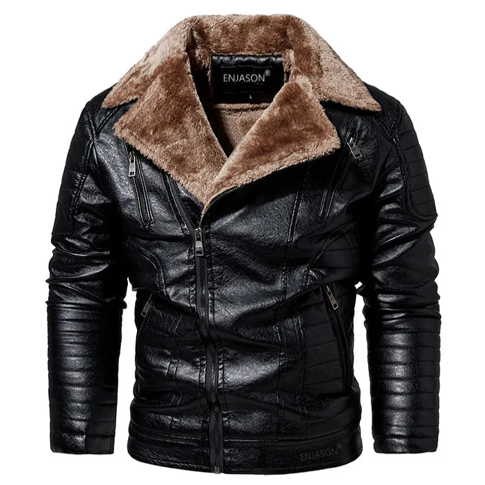 Men's Fur Collar Jacket PU Leather Vintage New Winter Men's Streetwear Thicken Leather Jacket Retro Men Brand Leathe Jacket