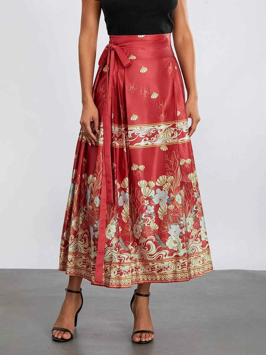 Women s Horse Face Skirt Elegant Phoenix Character Flower Print Pleated Tie Up A-Line Long Swing Skirt National Clothing