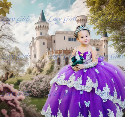 Elegant Quality Dark Blue Flower Girl Dress Tulle Fluffy Exquisite Lace Applique With Bow Little Princess Birthday Party Gowns