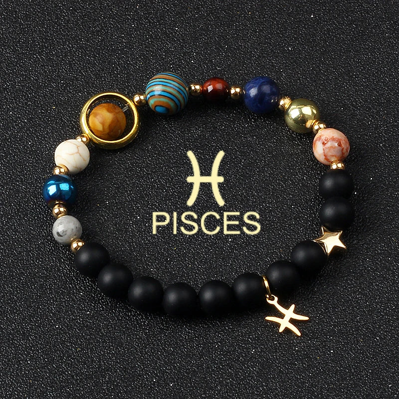 Universe Galaxy Eight Planets 12 Constellation Bracelets for Women Natural Stone Solar System Bracelets Libra Virgo Leo Jewelry