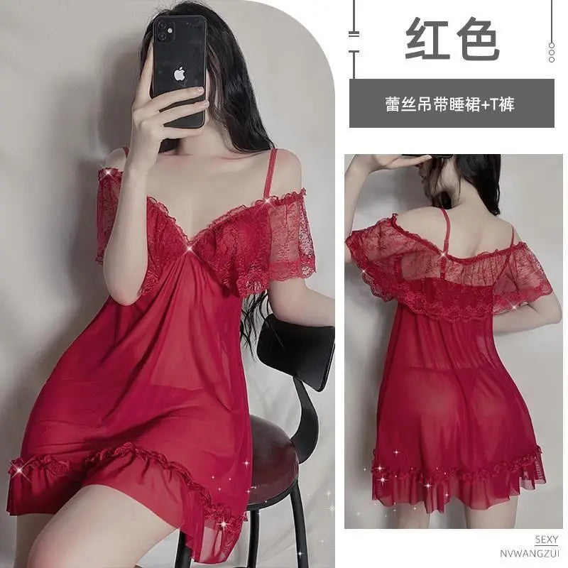 Sexy Sleepwear Women V-neck Nightgown Sexy Nightdress Lace Mesh Pajama Loungewear Summer Dress Nightwear Night Wear
