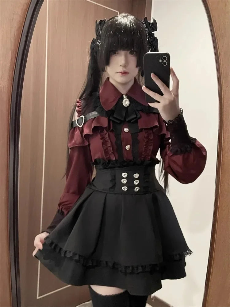 Sweet Gothic Lolita Two Piece Set, Off Shoulder Blouse + High Waist Skirt, Kawaii Tri-color Lace Coord Outfit for Women & Teens