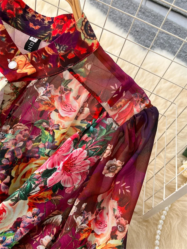 SINGREINY Vintage Print Chiffon Dresses Women Lantern Sleeve O Neck Design Fashion High Quality Court Floral Pleated Long Dress