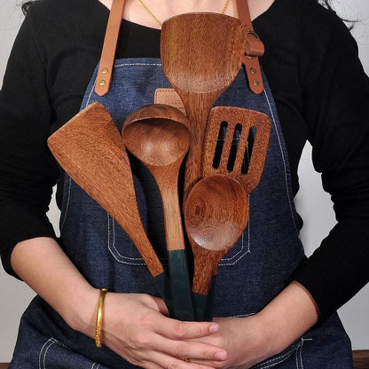 Wooden Kitchenware Set Long Handle Spatula Rice Scoop Vegetable Meat Cooking Shovel Mixing Spoons For Nonstick Pan Kitchen Tools
