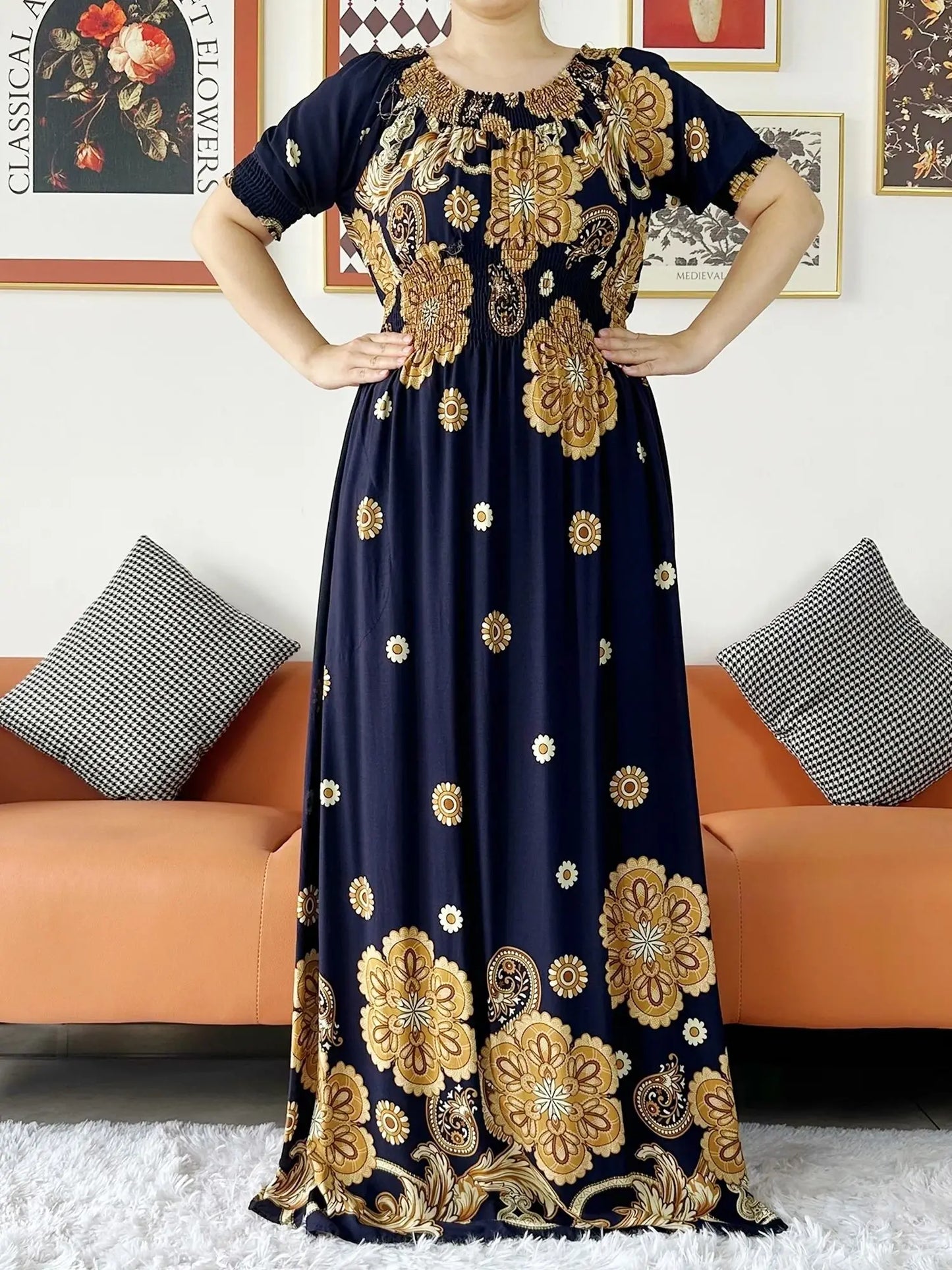 New Summer Women Abaya Short Sleeve Dashiki Floral Collect Waist Loose Maxi Robe Floral Femme Musulmane African Printing Abaya