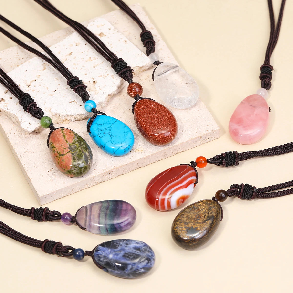 Casual Simple Natural Water Droplet Pendant Necklace Amethyst Opal Obsidian Red Agate Pendant Adjustable Cord Chain Necklace