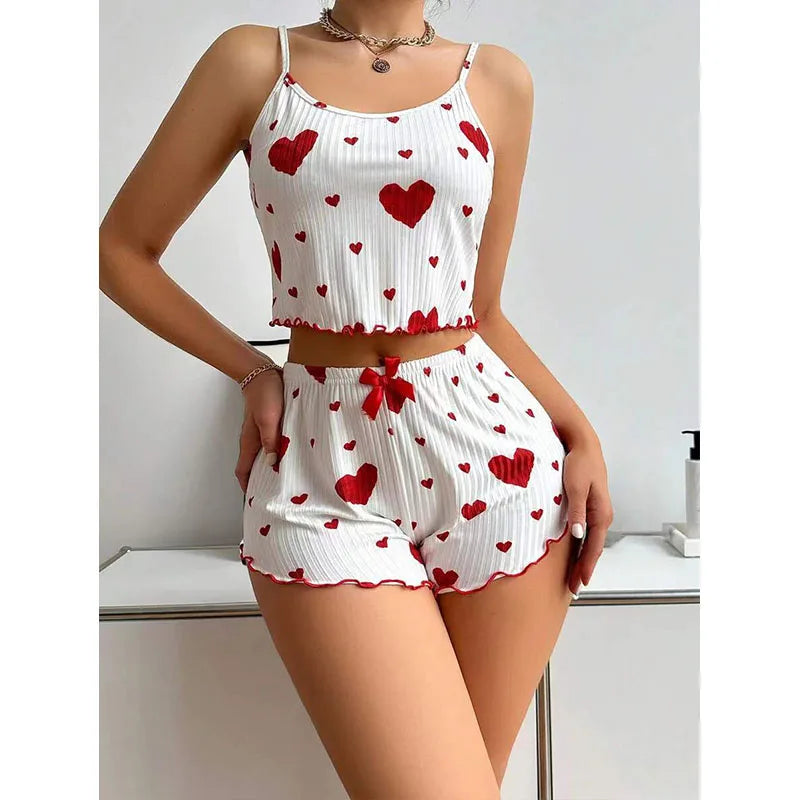 Women's Pajamas Set Sleepwear 2 PCS Short Tank Tops And Shorts S M L White Ventilate Soft Casual Love Printing - AMULET RING STORE