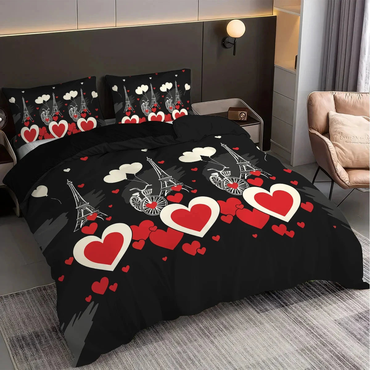 3pcs Heart pattern printed bedding set,1 quilt cover+2 pillowcase, suitable for couples and adults bedroom, home decoration - AMULET RING STORE