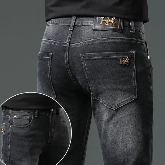 H Home Autumn/Winter Thickened European Style High-End Jeans Men's Trendy Brand Slims Smooths Your Silhouette Small Footed Trend