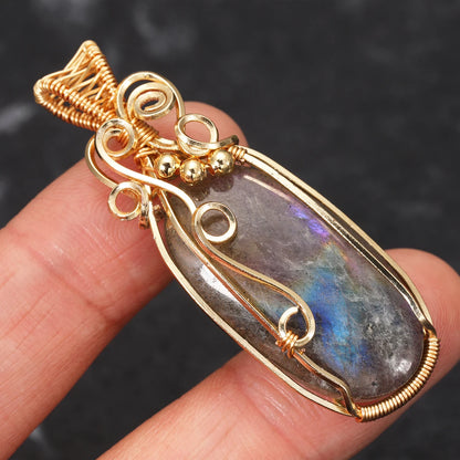 Labradorite Rainbow Moonstone Gemstone Pendant Copper Wire Wrapped Labradorite Jewelry Labradorite Necklace With Chain and Box